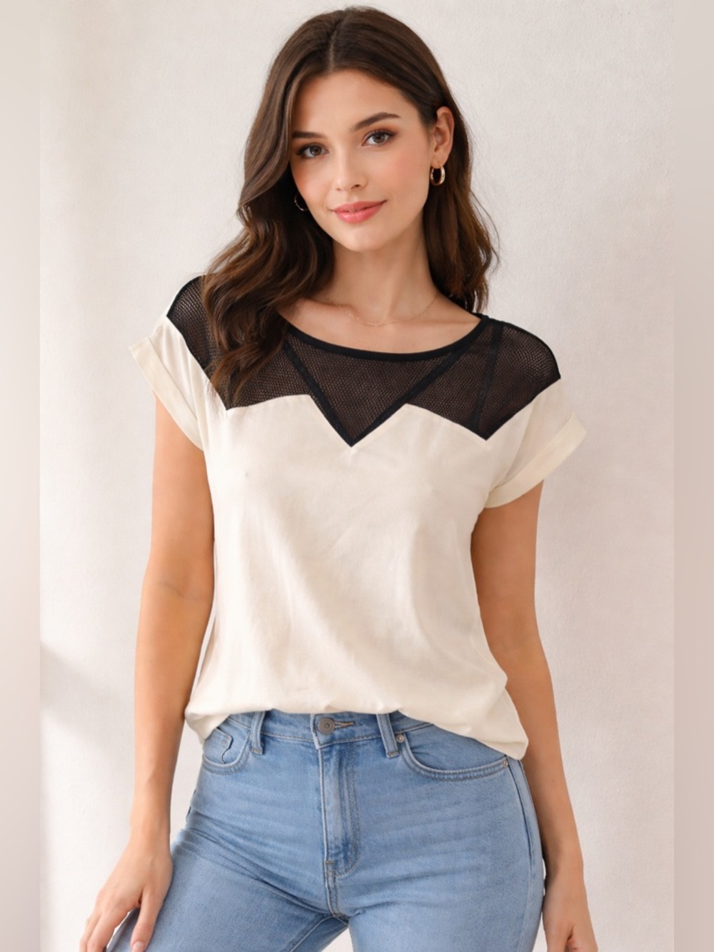 MYNE Ashley Ann Silk Blouse Mesh Yoke Short Sleeve Ivory Black Size Small